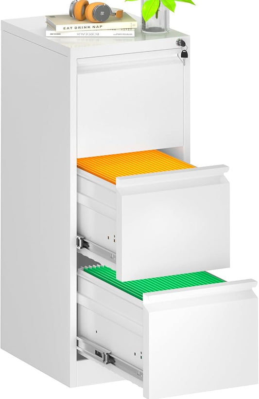 INTERGREAT 3 Drawer File Cabinet, White Metal Filing Cabinet with Lock, Locking Tall File Cabinets with 4 Adjustable Hanging Frame for Home Office