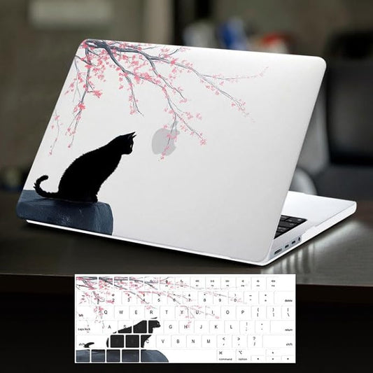 DTangLsm for MacBook Air 13 inch Case 2025 2024-2022 M4 M3 M2 A3240 A3113 A2681, Cute Plastic Hard Shell Cover for MacBook Air 13.6 inch Case Cat Mac Book Air M4 Cover+Keyboard Skin, Black Cat Flowers