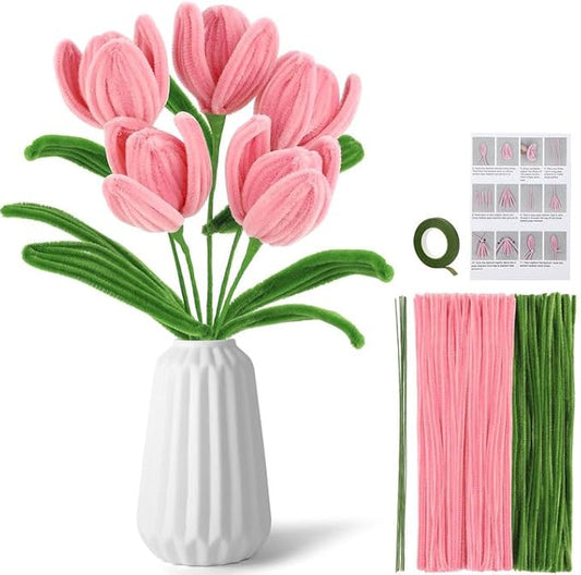 UzecPk Pink Pipe Cleaners Set Green Pipe Cleaner Flowers Chenille Stems Pipe Cleaner Flower Kit Pipe Cleaners Bulk with Floral Wire Instructions for DIY Art and Craft Projects Creative(5 Flowers)