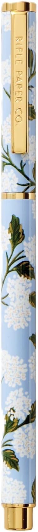 RIFLE PAPER CO. Hydrangea Writing Pen, 5.375" L, 0.5 mm Rollerball Tip, Stainless Steel Body with Brass Accents, Office and School Supplies for Stationery, Notes, and Art