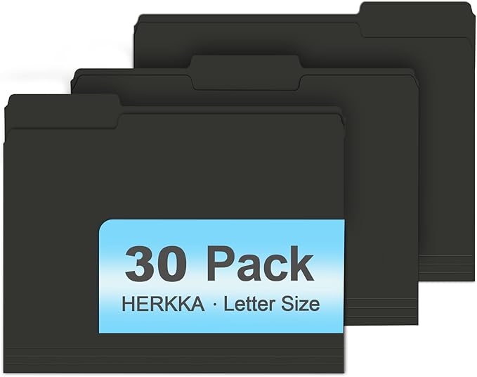 File Folder, HERKKA 30 Pack 1/3 Cut Tab File Folders, File Folders Great for Organizing and Filing, Letter Size, Black
