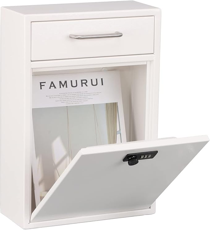 xydled Wall-Mount Mailbox with Combination Lock, Steel Key Lock Mail Boxes Outdoor, Locking Wall Mount Mailbox, Security Key Drop Box, Collection Boxes, 17.2H x 12.2L x 5.8W Inches, White, XL Large
