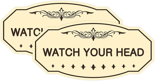 Signs ByLITA Victorian Watch Your Head Sign (Ivory/Dark Brown) - Medium 2 Pack