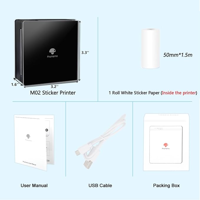 Phomemo Mini Sticker Printer- Mini Printer Sticker Maker Machine M02, Print Pods Suitable for Creative DIY, Diaries, Photos, Study Notes, Portable Thermal Inkless Label Maker for Home/Travel, Black