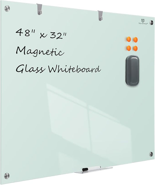 TSJ OFFICE Glass Dry-Erase Board - 48 x 32 Inches Wall Mounted Glass Magnetic Whiteboard, Large Frameless White Board for Office, Home & School