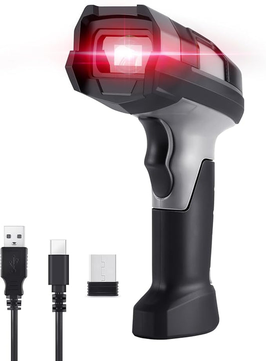 Barcode Scanner Wireless, JRHC Industrial 1D Laser Bar Code Scanners 2 in 1 Plug and Play Rugged Heavy Duty & IP65 Waterproof, Long-Distance Wireless Handheld Barcode Reader with 1.8" Screen