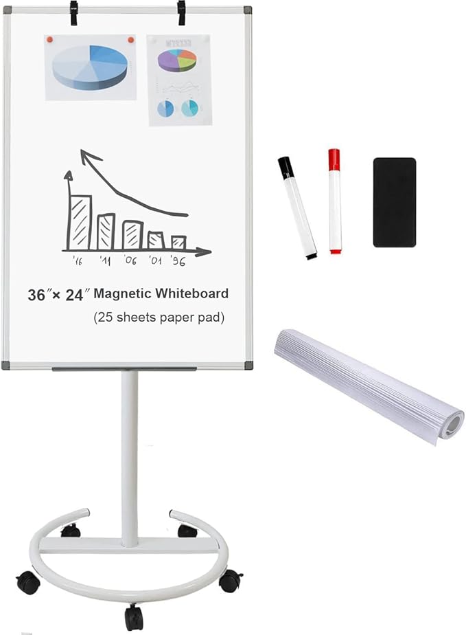 BIBOC Mobile Dry Erase Board – 36x24 inches Magnetic Portable Whiteboard Stand Adjustable Easel White Board Flipchart Easel Board with 25 Sheets Paper Pad 1 Eraser, 2Markers (24x 36 inches)