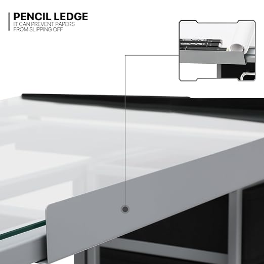 MoNiBloom Drafting Table on Wheels with Storage & Side Tray - Adjustable 0-65° Glass Tabletop, Replaceable Feet Art Desk