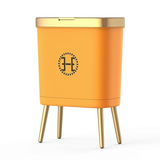 Bedroom Trash Can with Lid,Slim Bathroom Trash Cans with Lids, Dog Proof Trash Bin with Press Top Lid,Modern Gold Trash Can Plastic Waste Basket for Living Room, Office,Kitchen, 4 Gal-Orange