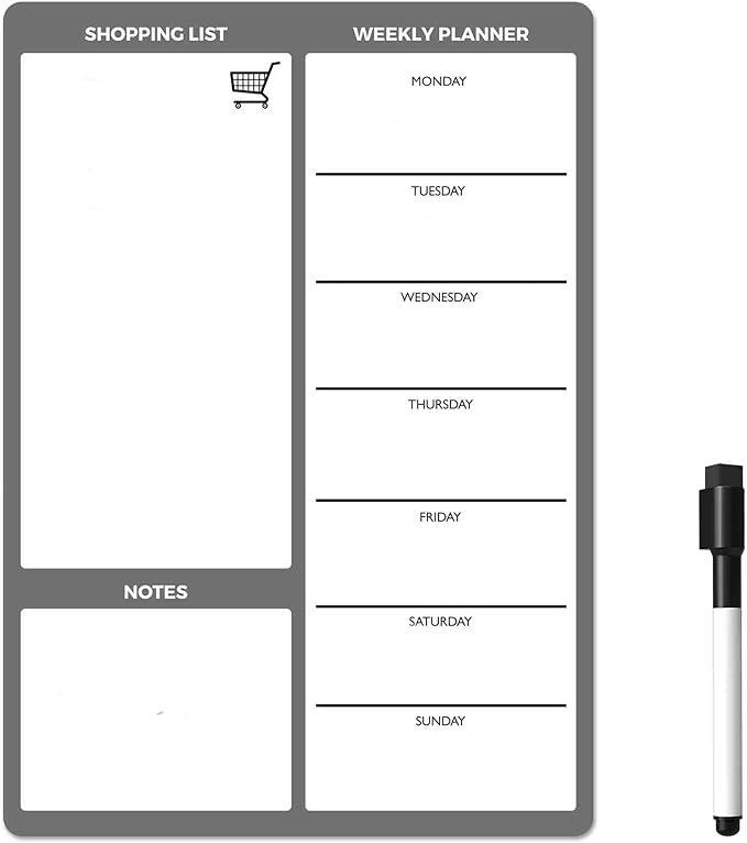 MagnetShop Magnetic Dry Erase White Board Planner for Fridge | Apartment Essentials and Home Organization Must Have | Family Planning, Grocery List, Whiteboard Calendar, Chore Chart | Grey 12" x 16"