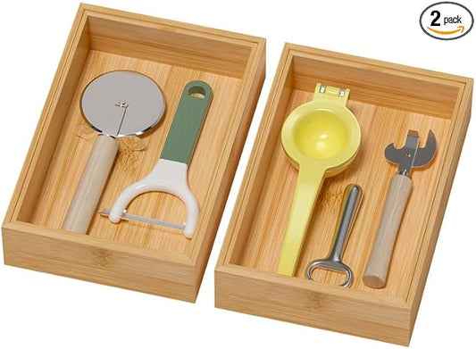 Bamboo Drawer Organizer, Cutlery Silverware Organizer for Kitchen Drawer, Stackable Utensil Organizer, 2 Pcs Flatware Organizer for Drawer, Wooden Storage Box Tray (Bamboo, 9 X 6 X 2 Inch)