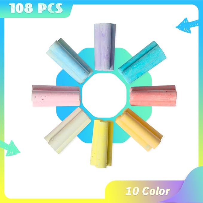 novelinks Sidewalk Chalk Set 108 Pack 10 Color Washable Non-Toxic Drawing Set For Schools Durable Jumbo Drawing Chalk for Outdoor Art Play
