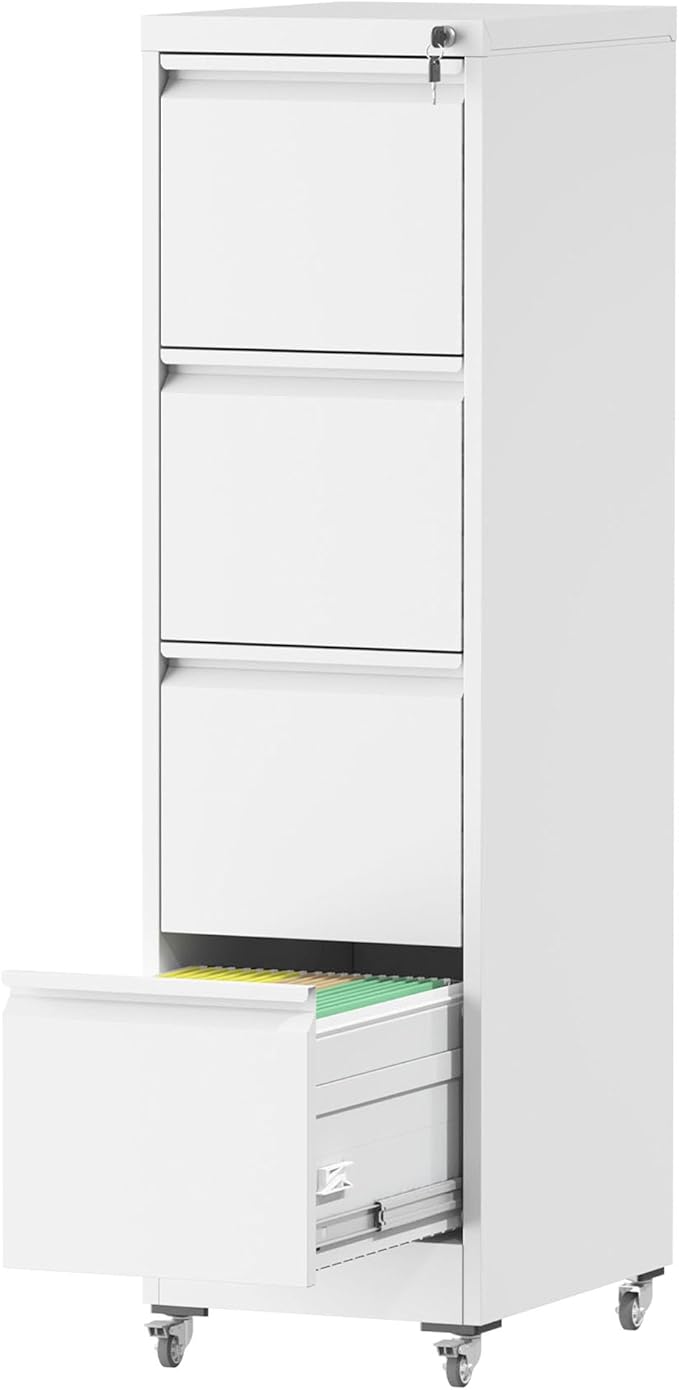 File Cabinet with Lock, 4 Drawers Filing Cabient with Wheel, Steel Vertical Filing Storage Cabinet for Home Office, Heavy-Duty File Cabinets for Letters/Legal/A4 (Require Assembly, White)