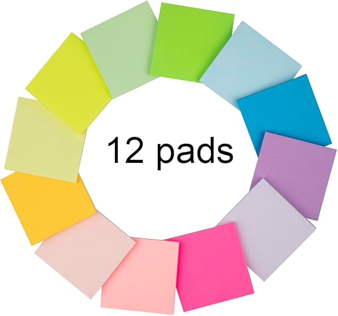 (12 Pads) Sticky Notes 3x3 Inches,Bright Colors Self-Stick Pads, Easy to Stick for Home, Office, Notebook