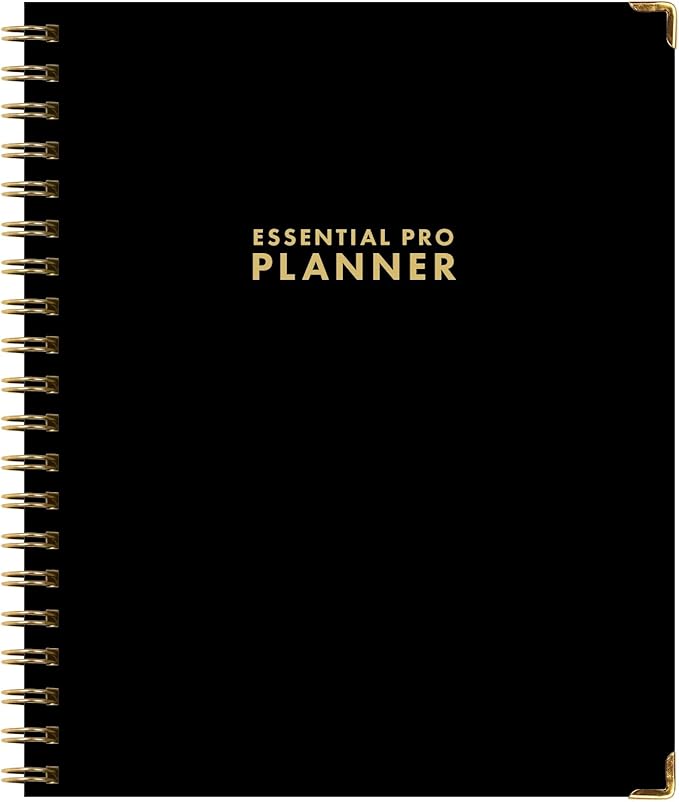 ESSENTIAL PRO Undated Daily, Weekly & Monthly Planner,Monthly Tabs,Daily Tracking,Notes Pages,Storage Pocket,Bookmark w Sticky Notes (Black)