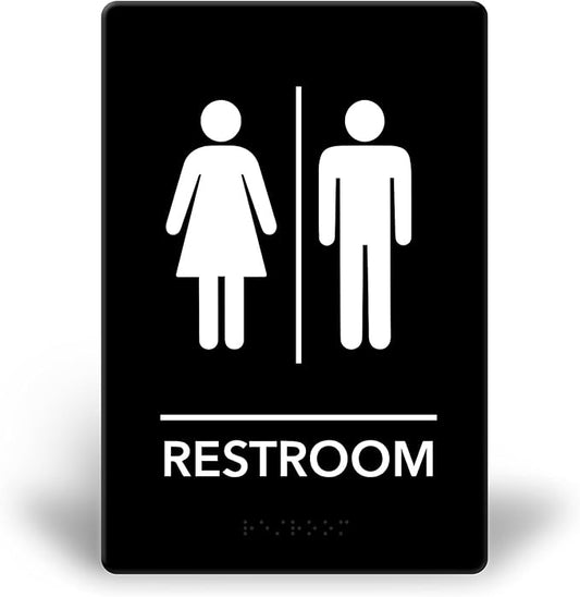 Promot Unisex Bathroom Sign – ADA Braille Restroom Sign for Business, Self-Adhesive, 9" x 6", Commercial Door Signage, Office Wall Decor - Black