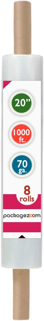 PackageZoom 20 inch x 1000 Feet Stretch Wrap With Handle, Clear Stretch Film, 8 Rolls