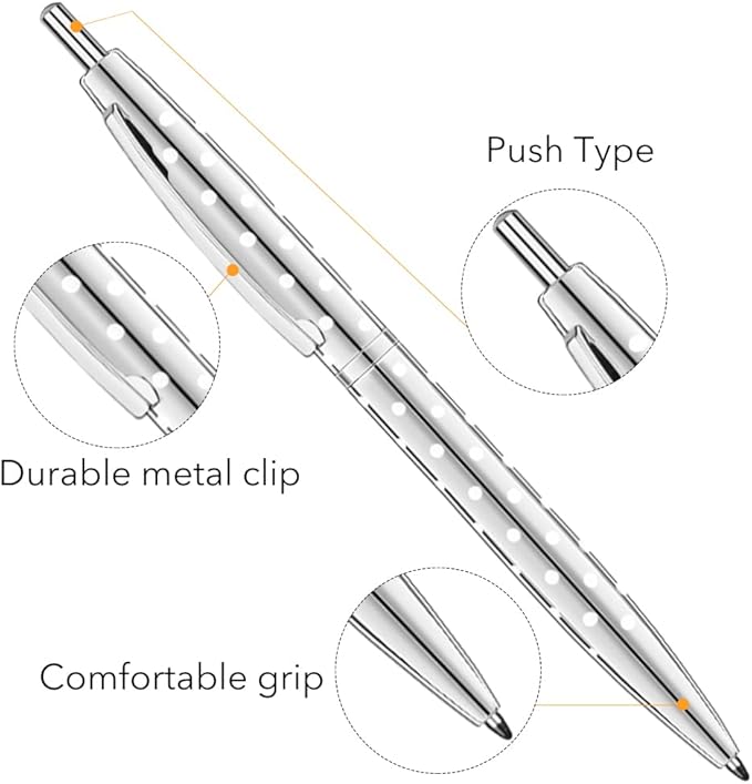 Unibene 6 Pack Cute Dot & Sliver Click Ballpoint Pens -1.0mm Medium Point Black Ink with 6 Stainless Steel Refills for Business Office Students Teachers Wedding Christmas ﻿