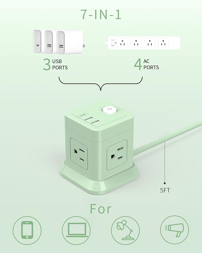 Cube Power Strip, FDTEK 4 Widely Spaced Outlet with 3 USB (1 USB C) Flat Plug Power Strips with Long Extension Cords Space Save Compact Portable for Travel Home Office Cruise (Green)