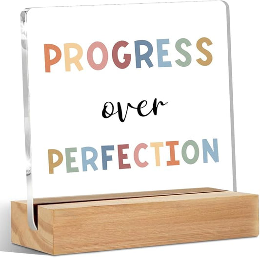 Christmas Thank You Gifts, Inspirational Desk Decor, Motivational Gifts Acrylic Sign - progress over perfection, Positive Affirmations Gifts for Teacher , Classroom Decorations Office Home Bedroom Decor