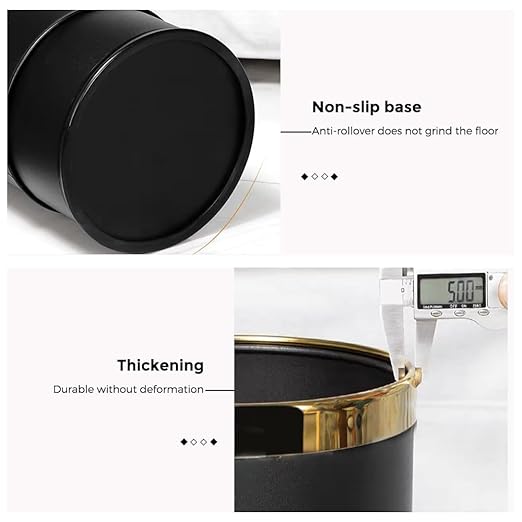 14L/3.7GAL Black and Gold Open Top Trash Can - Metal Office Wastebasket Without Lid for Office, Hotel, Store, Restaurant