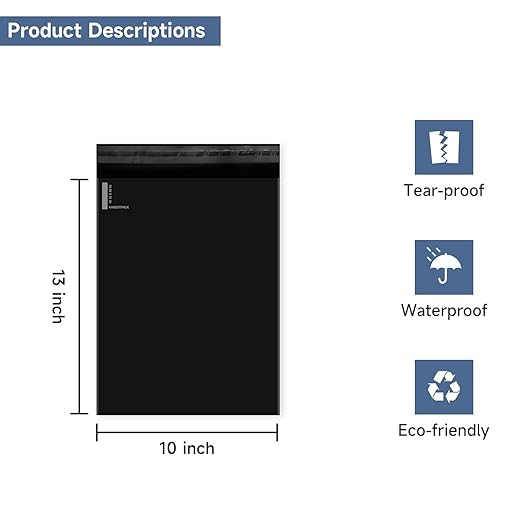 KKBESTPACK 500 Large Poly Mailers 10x13 Shipping Bags for Small Business – Self Sealing Package Envelopes Black