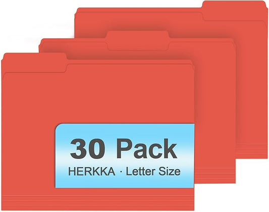 File Folder, HERKKA 30 Pack 1/3 Cut Tab File Folders, File Folders Great for Organizing and Filing, Letter Size, Red