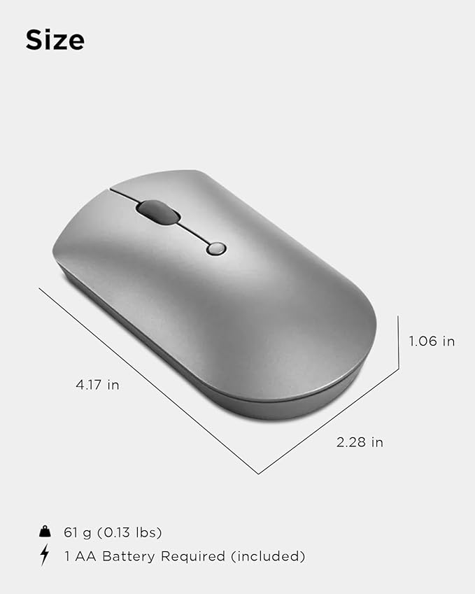 Lenovo 600 Bluetooth Silent Mouse, Blue Optical Sensor, Adjustable DPI, 4 Button, Microsoft Swift Pair, Windows, Chrome, GY50X88832, Gray
