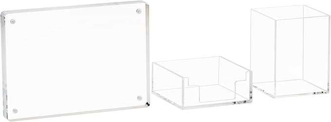 Mind Reader 3-Piece Desk Organizer Set, Pen Holder, Photo Frame and Sticky Note Tray, Desktop Organization, Office, Acrylic, Clear