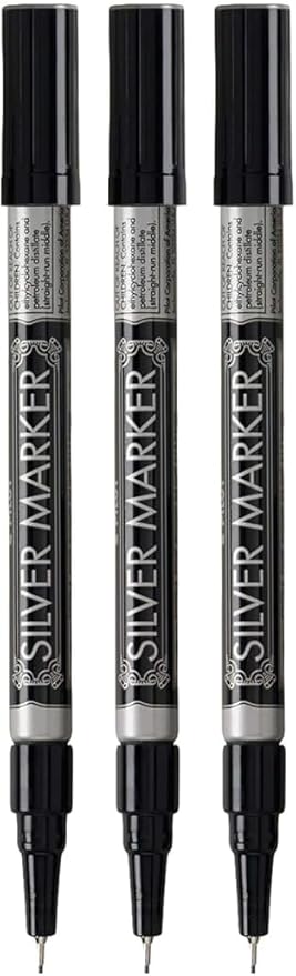 Metallic Permanent Paint Markers, Silver, Extra Fine Point (0.5mm), 3 Count, Bundle with Plastic Reusable Pouch