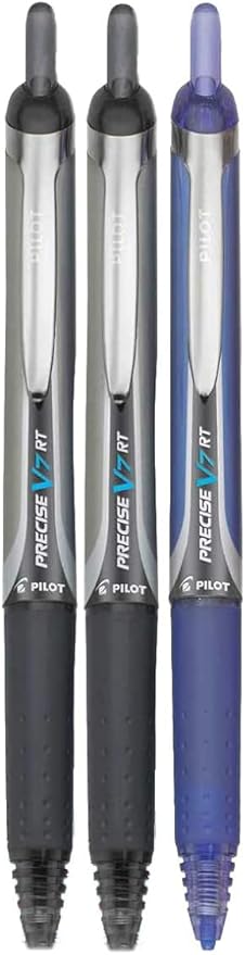 Pilot Precise V7 RT Retractable Rolling Ball Pens, Fine Point (.7mm), Assorted Colors Black/Blue Ink, 3-pk; Premium Comfort Grip, Bundle with Plastic Reusable Pouch