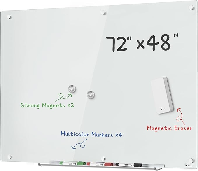 TOWON 6 x 4ft Glass Whiteboard Wall – Magnetic White Dry Erase Board (72 x 48 inches) with Multi-Color Markers, Strong Magnets, Pen Tray & Eraser – Frameless Design for Office, Home & Classroom