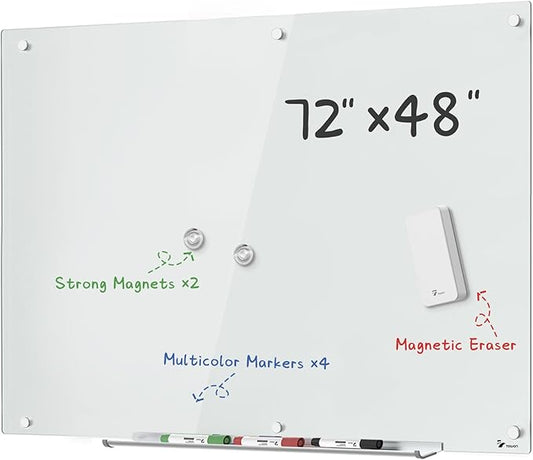 TOWON 6 x 4ft Glass Whiteboard Wall – Magnetic White Dry Erase Board (72 x 48 inches) with Multi-Color Markers, Strong Magnets, Pen Tray & Eraser – Frameless Design for Office, Home & Classroom