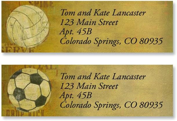 Sports Balls Small Return Address Labels (6 Designs) - Set of 240 2" x 5/8" Self-Adhesive, Baseball, Soccer, Basketball, Football, Hockey, Vollyball Flat-Sheet Labels