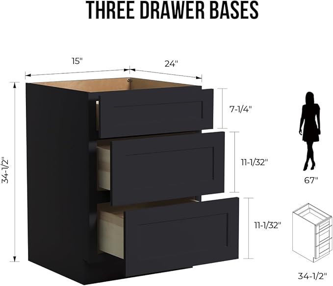 Shaker Style Charcoal Black RTA Base Drawer Cabinet - Solid Wood 3-Drawer Design with Soft Close Feature, 15" W x 24" D x 34.5" H, Perfect for Standalone Use or Kitchen Cabinet Combinations