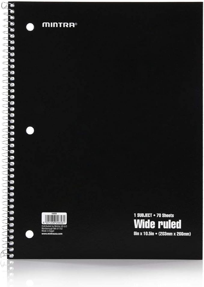 Mintra Office Spiral Notebooks - 1 Subject, 70 Sheets, WIDE Ruled, 8in x 10in, Bulk Pack, Primary Color Covers, Set of 6 - for School, Office, Business, Professional (04656)