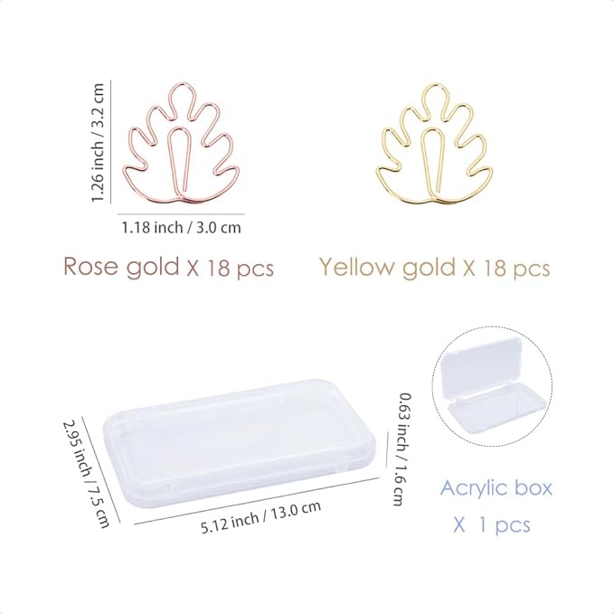 OWLFAVO 36pcs Monstera Shape Paper Clips with Clear Box, Rose Gold and Yellow Gold, Funny Cute Paperclips Bookmarks Planner Clips for Fun Office Supplies School Gifts Wedding Decoration