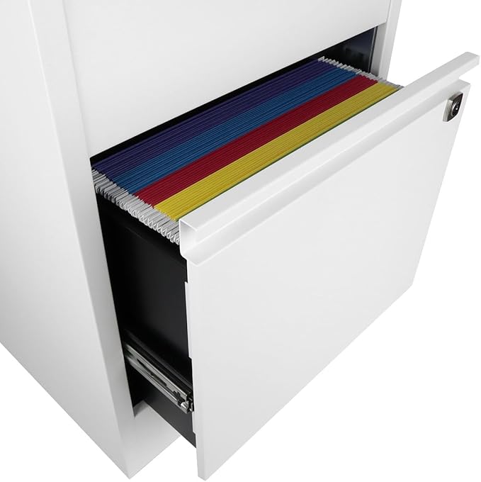 Bisley 3-Drawer Flush Front Vertical File Cabinet - Traffic White, 2 Utility Drawers + 1 Hanging File Drawer, Powder-Coated Steel, Locking Bottom Drawer