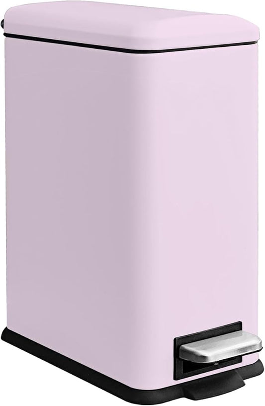 Bathroom Trash Can with Lid, 2.6 Gallon Stainless Steel Slim Garbage Can, Pedal Trash Bin with Removable Liner Bucket, 10L Rectangle Trash Bin for Bedroom, Kitchen, Office (Pink)