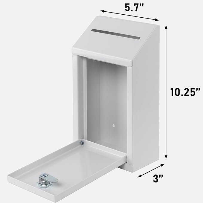 Metal Donation Box with Lock, Wall Mounted, Suggestion Box with 4 Iron Keys, White, Cash Drop Box with Slot, 1-Pack