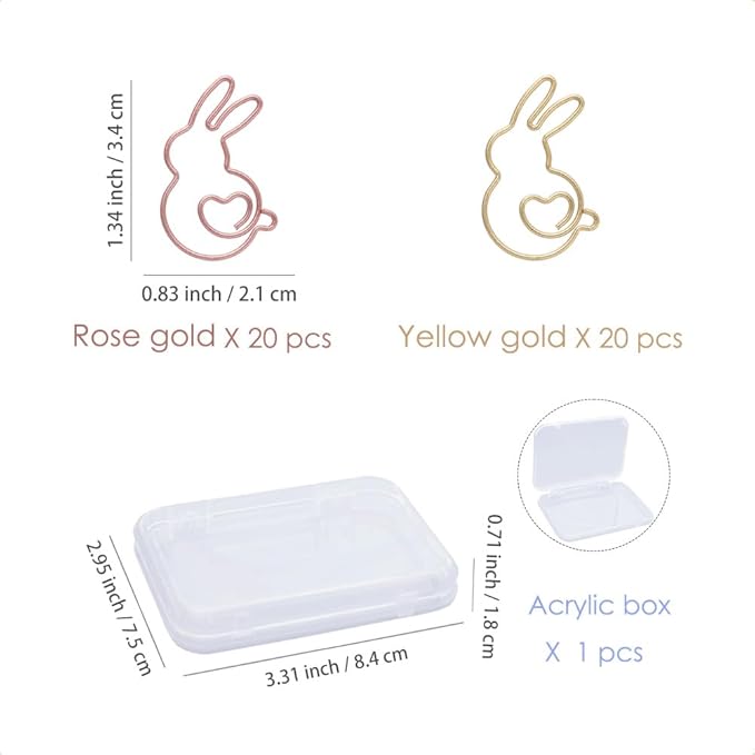 OWLFAVO 40pcs Bunny Shape Paper Clips with Clear Box, Rose Gold and Yellow Gold, Funny Cute Paperclips Bookmarks Planner Clips for Fun Office Supplies School Gifts Wedding Decoration