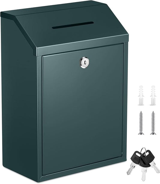 Metal Donation Cash Box Collection Safe Suggestion Box with Lock Wall Mounted Mailbox Delivery Ballot Container for Home Office Outdoor Door(Green,11.8 x 8.6 x 4.7 Inch)