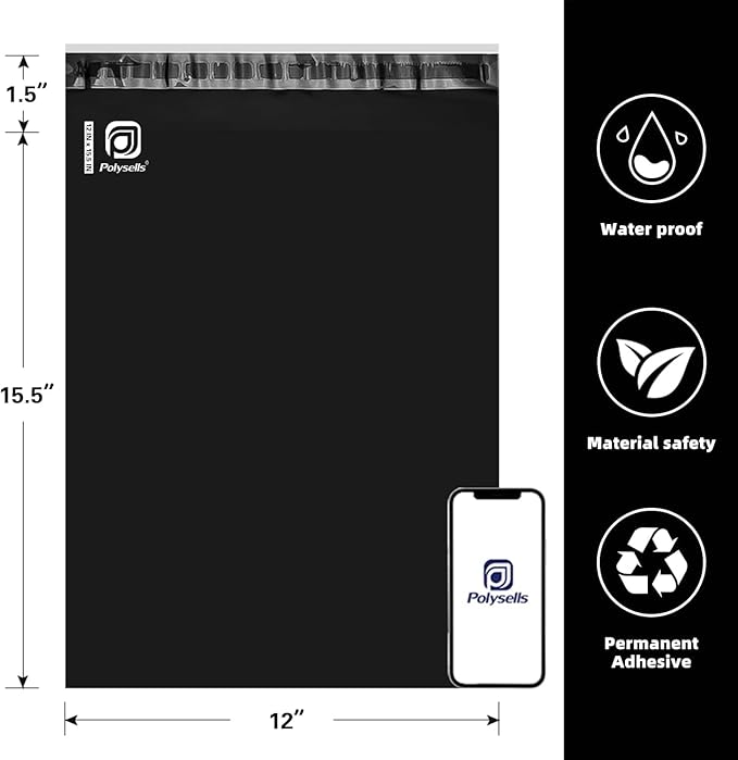 POLYSELLS 1000 pcs 12x15.5 Inches Black Poly Mailers Shipping Envelopes, Strong Adhesive Sealing, Waterproof, and Tear-resistant Postal Mailing Bags for Clothing, Books, and Accessories