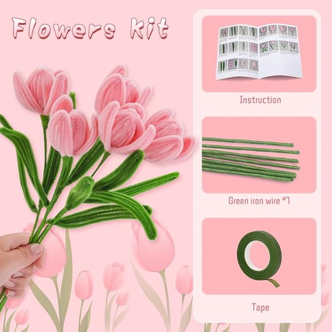 UzecPk Pink Pipe Cleaners Set Green Pipe Cleaner Flowers Chenille Stems Pipe Cleaner Flower Kit Pipe Cleaners Bulk with Floral Wire Instructions for DIY Art and Craft Projects Creative(5 Flowers)
