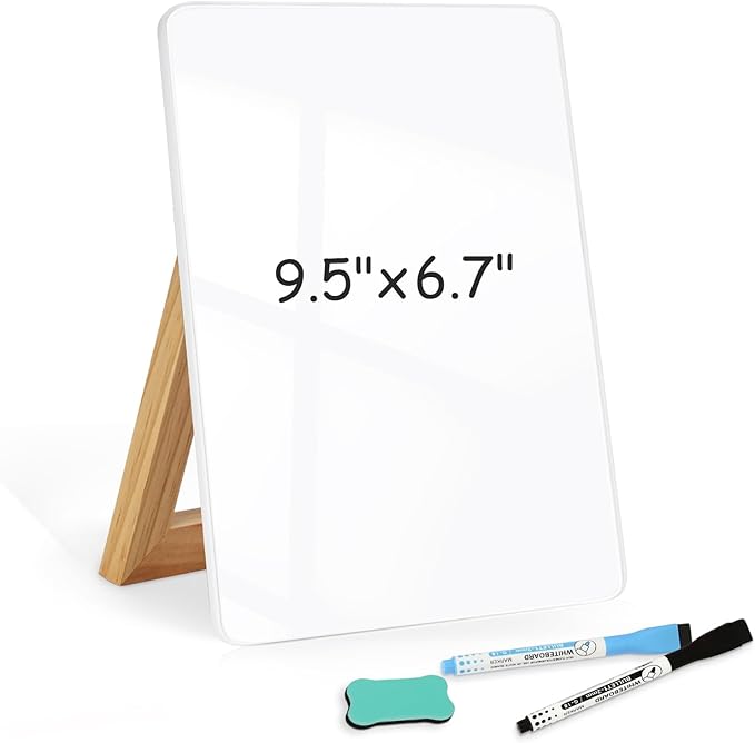 WALGLASS Desktop Glass White Board 9.5"x 6.7" with Reversible Wood Stand, Small Dry Erase Board, Portable Whiteboard for Desk, Reusable Desk Notepad with 2 Markers&Eraser for Home, Office
