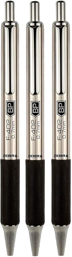 Zebra F-402 Ballpoint Stainless Steel Retractable Pen, Fine Point, 0.7mm, Black Ink, 3-Count Bundle with Plastic Reusable Pouch