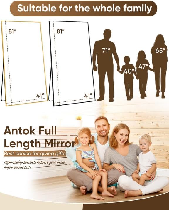 Antok Full Length Mirror, 81"x41" Floor Mirror, Floor Standing Freestanding Full Body Mirror with Stand for Bedroom, Hanging Mounted for Living Room Cloakroom, Gold