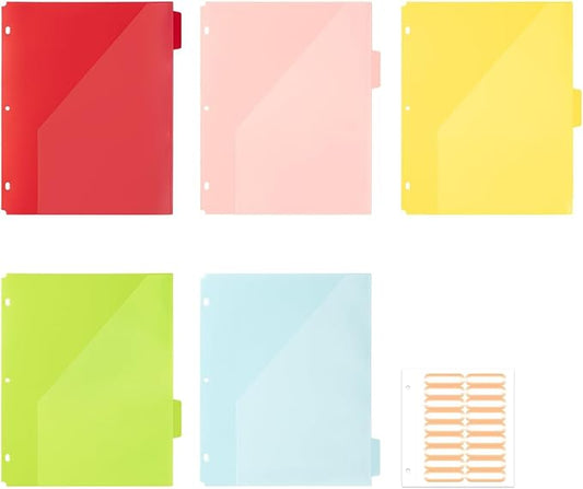 Ospelelf Pocket Binder Dividers with Tabs for 3 Ring Binder, 1/3 Cut Tabs, 5 Plastic File Folders with Pockets Letter Size 8.5 x 11, Multicolor