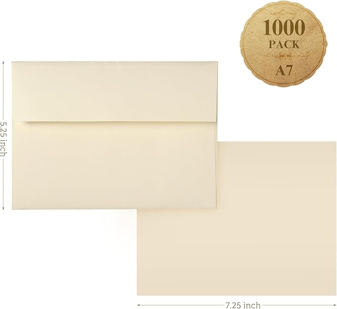 5x7 Cream Envelopes 1000 Pack, Goefun A7 Self Seal Printable Ivory Envelopes for Invitation, 5x7 Cards Mailing, 5.25 x 7.25 in