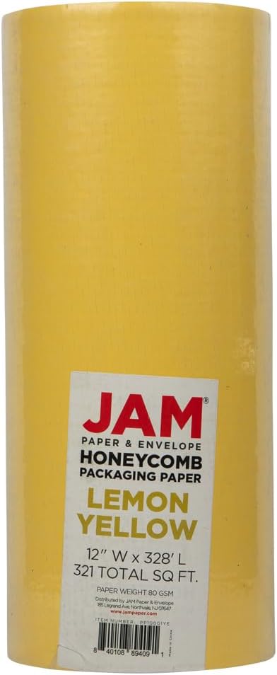 JAM PAPER Honeycomb Packing Paper Roll - 12" x 328' - Lemon Yellow - 328 Sq Ft - 80 GSM - Roll Sold Individually